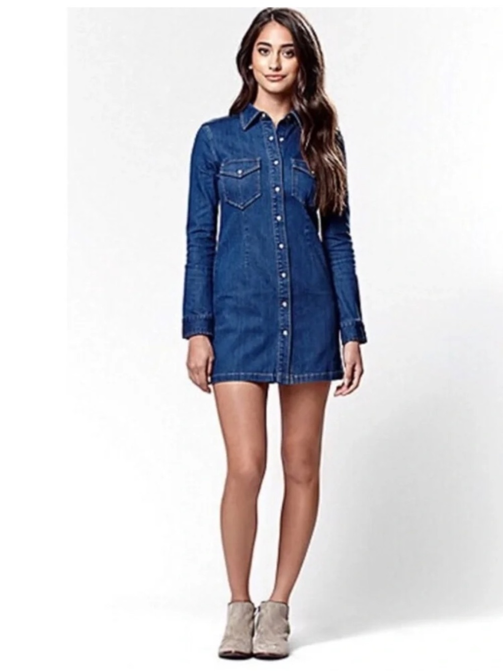 KENDALL & KYLIE Snap Front Button Long Sleeve Denim Mini Dress